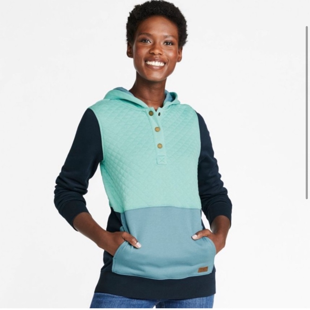 L.L. Bean Green and Blue Quilted Hooded Pullover Sweatshirt Anorak